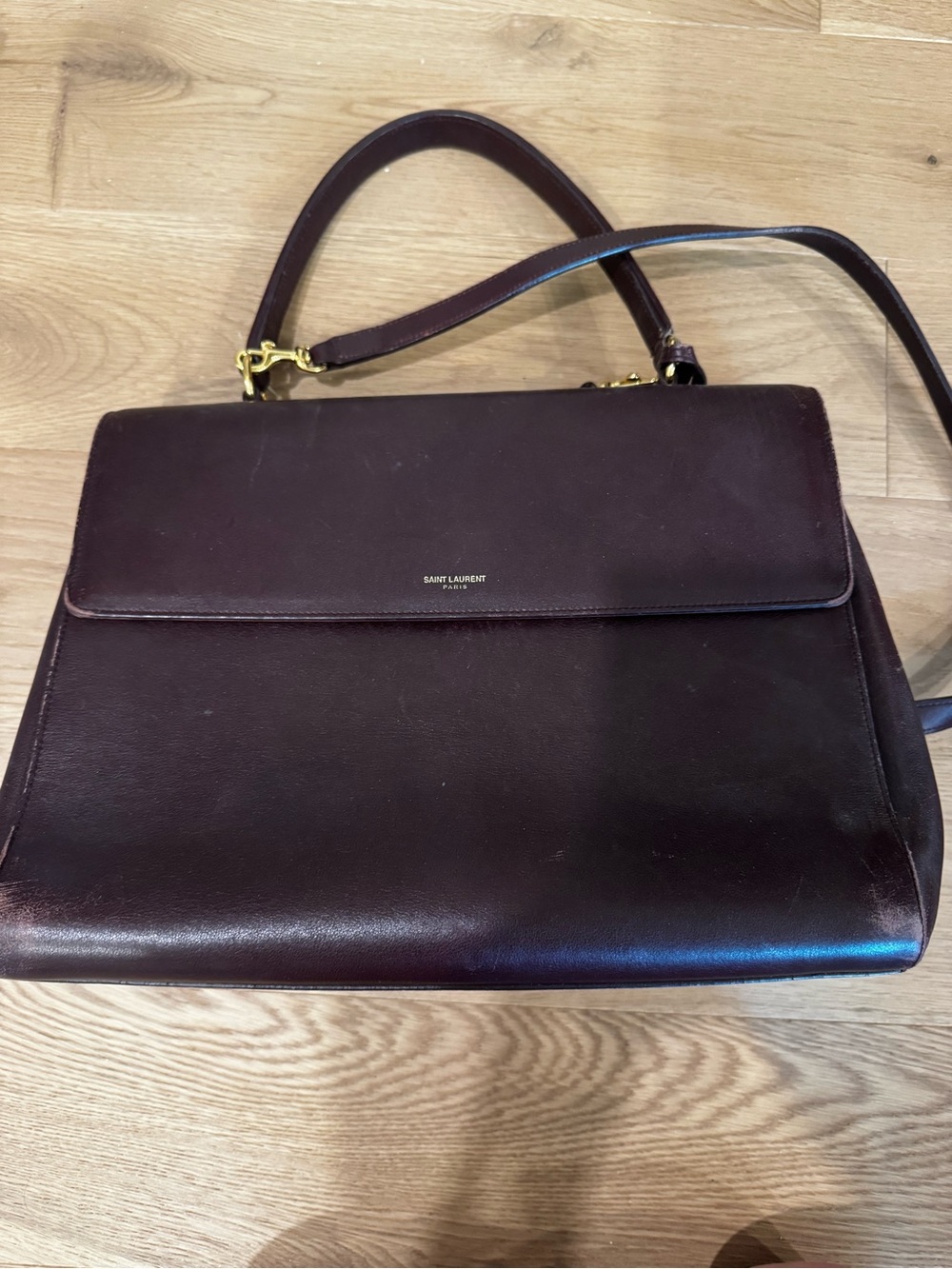 Saint Laurent Deep Burgundy Leather Satchel with Top Handle - Picture 2 of 9